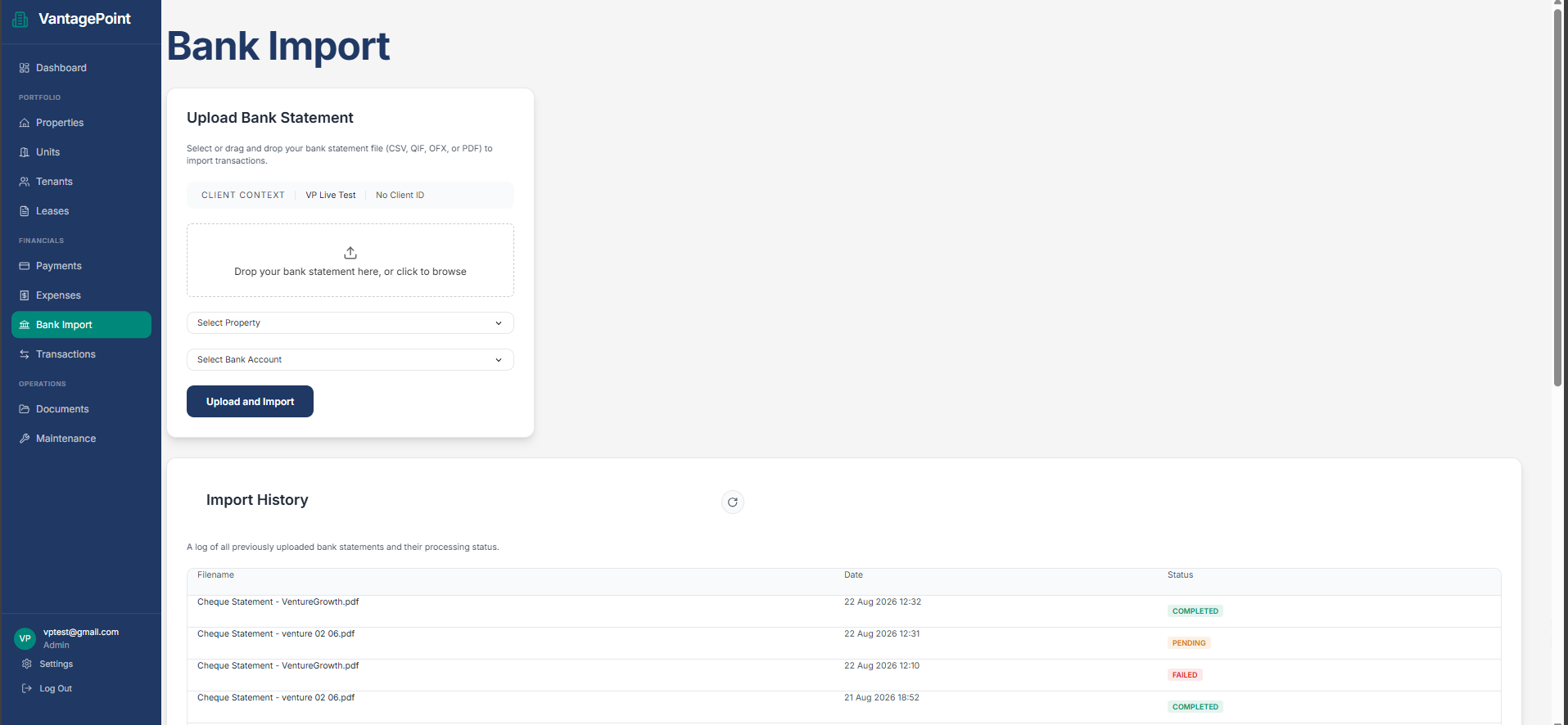 Bank import screen